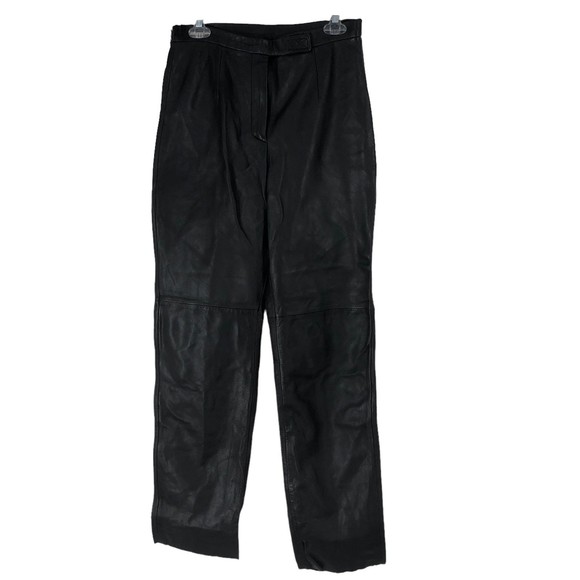 Vintage Jacqueline Ferrar Black Leather Pants SZ 10 High Rise Unhemmed Straight - Picture 1 of 8